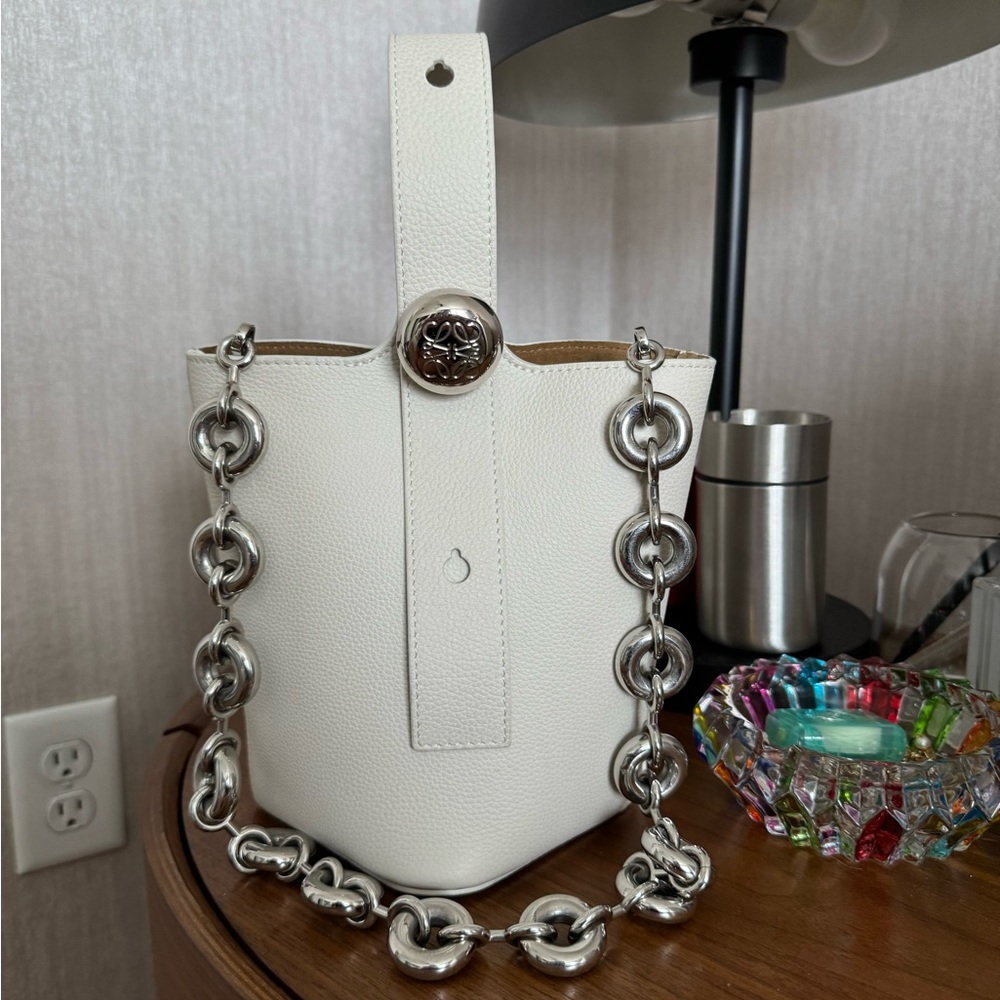 Loewe Mini Pebble Bucket bag in soft grained calfskin with short donut chain